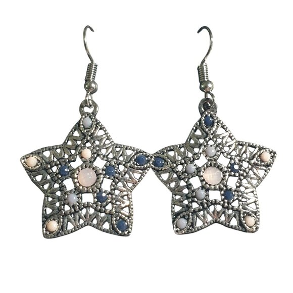 Star Shaped Filigree Dangling Earrings Pink Purple Beaded Hook Lightweight - Picture 1 of 4